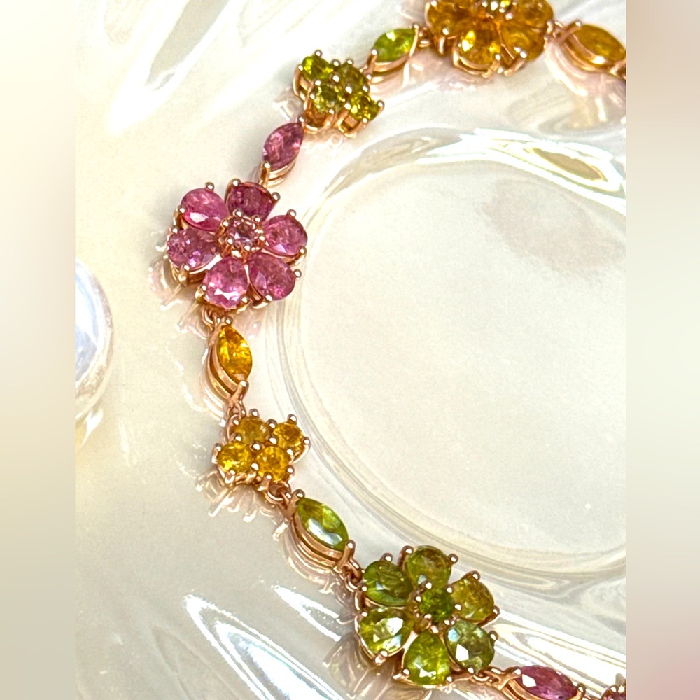 BTR7  10.6CT Natural Rainbow Tourmaline FLOWER Bracelet 18K Rose Gold S925